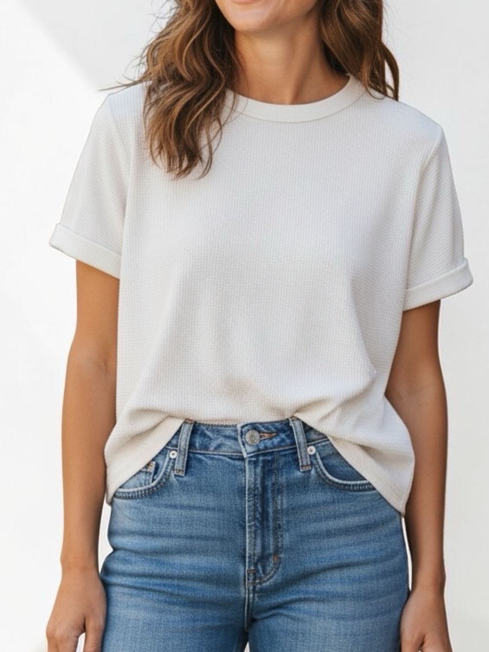 Classic Cream Short-Sleeve Waffle Tee - Casual Women's Top